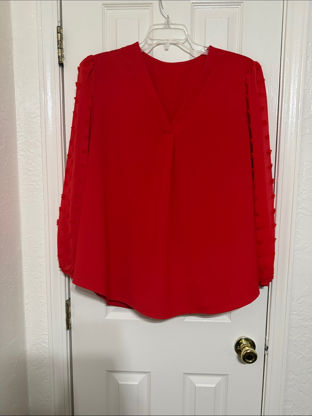 Red V-Neck Blouse with Sheer Button-Trim Sleeves